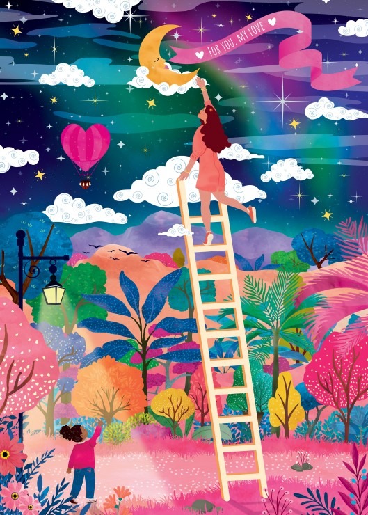 A woman climbs a long ladder to touch a smiling crescent moon in a night sky above a vibrant, surreal forest.