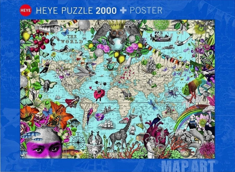 Surreal artistic world map filled with whimsical animals, plants, and mythological figures