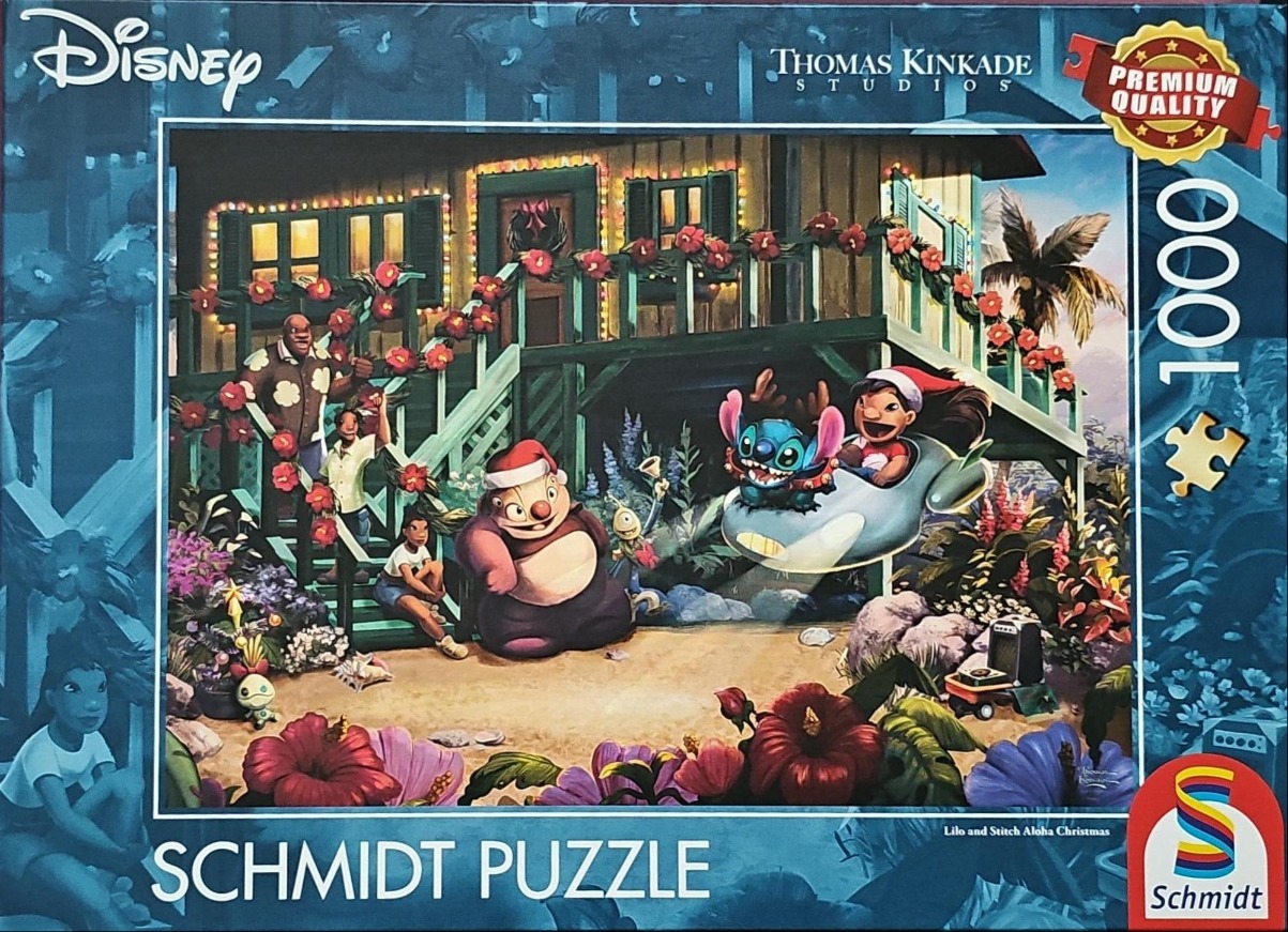 Lilo and Stitch characters celebrating a tropical Christmas at a wooden house with festive lights and flowers.