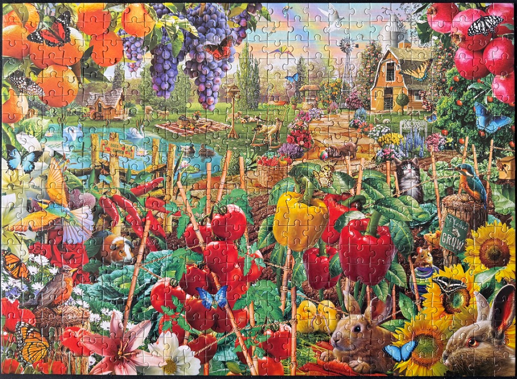 A lush, colorful garden scene filled with vegetables, flowers, animals, and butterflies.