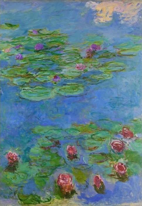 Impressionist painting of water lilies floating on a blue pond.