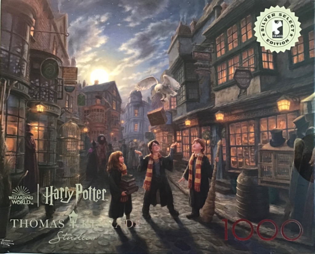 Illustration of three young wizards on a cobblestone street in a magical shopping district at twilight.