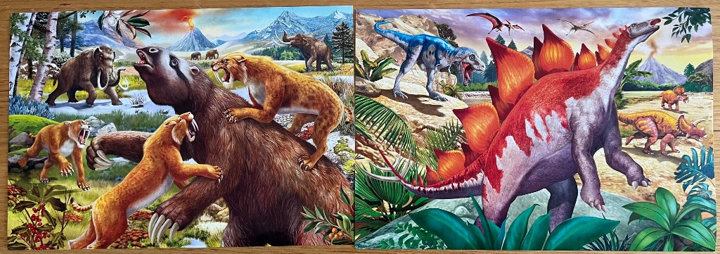 A side-by-side illustration of prehistoric landscapes featuring a ground sloth conflict and a group of dinosaurs.
