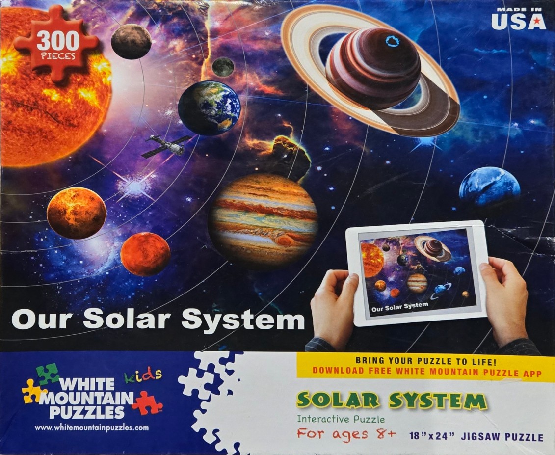 A scientific illustration of the solar system featuring planets, a space station, and hands holding a tablet.
