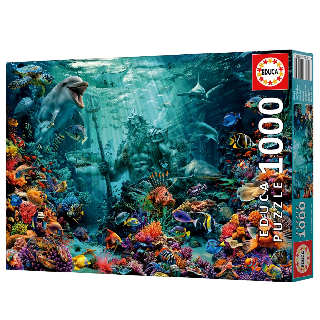 A lush underwater scene featuring a statue of Neptune surrounded by diverse coral reef life, dolphins, and sharks.