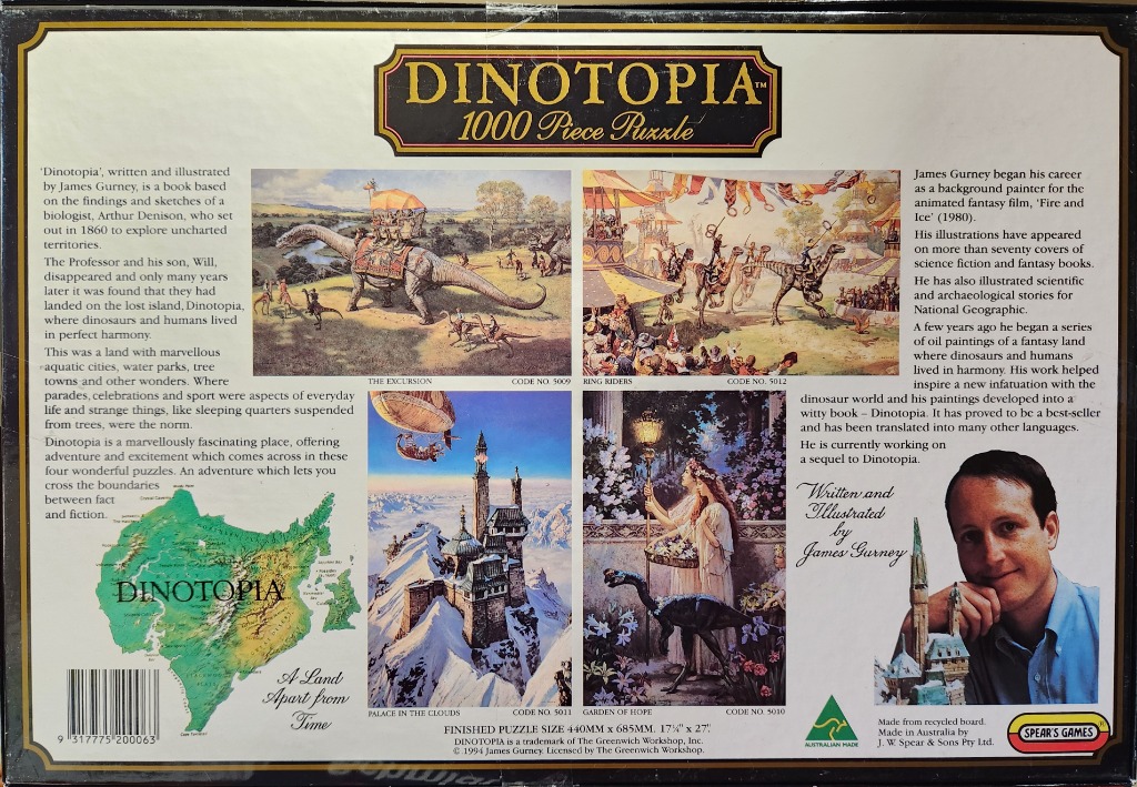Dinotopia art: dinosaurs, zeppelins, castles, fantasy landscapes, people.