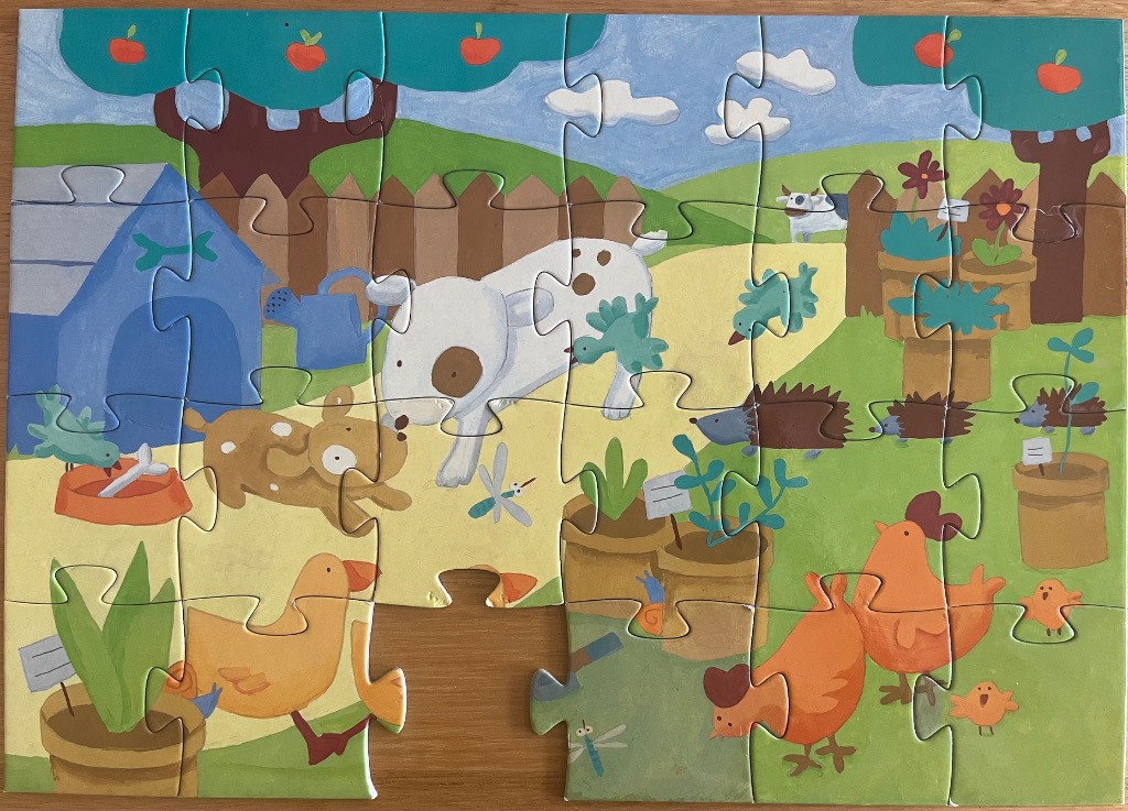 A whimsical illustration of a lively farmyard scene with dogs, chickens, hedgehogs, and potted plants.