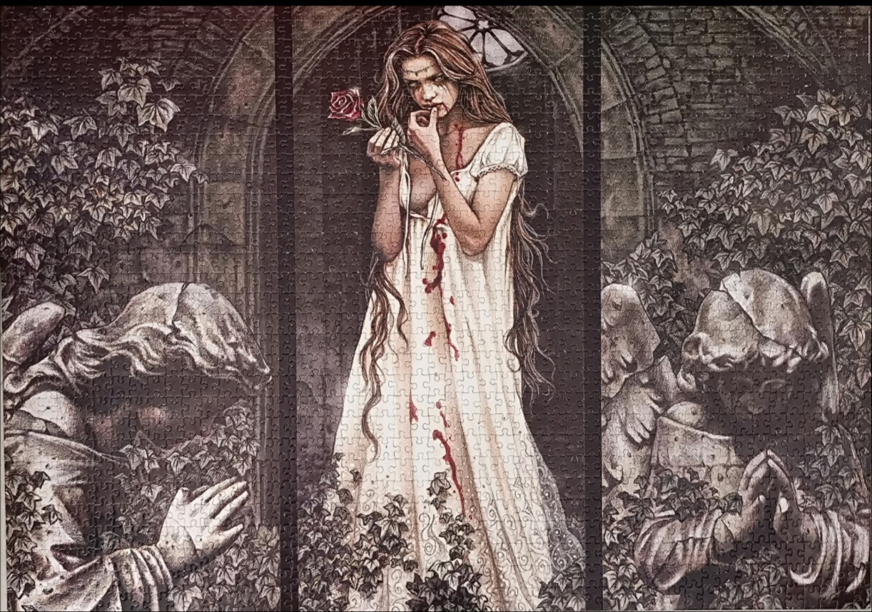 Gothic illustration of a vampire woman in a white dress holding a rose, flanked by two stone angel statues.