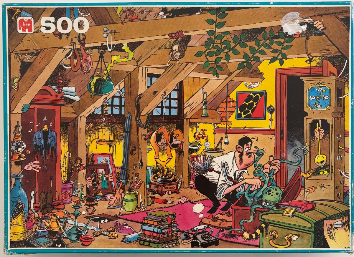Cartoon illustration of a cluttered attic filled with strange objects and a man interacting with a tentacled creature.