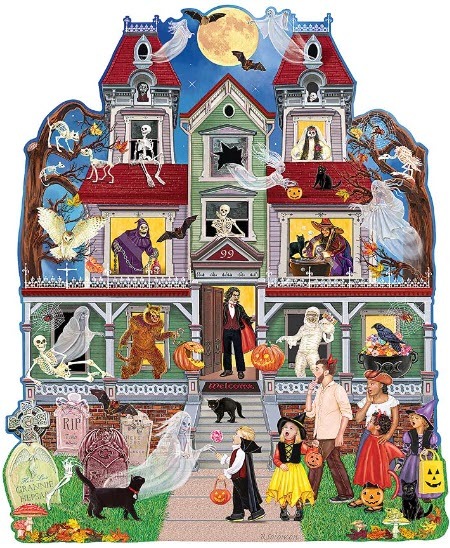 A whimsical illustration of a Victorian haunted house with trick-or-treaters at the front door.