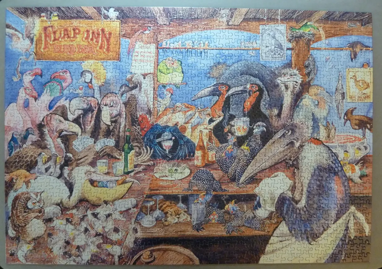Cartoon illustration of various birds gathered inside a crowded, humorous bar called the Flap Inn Bird Bar.