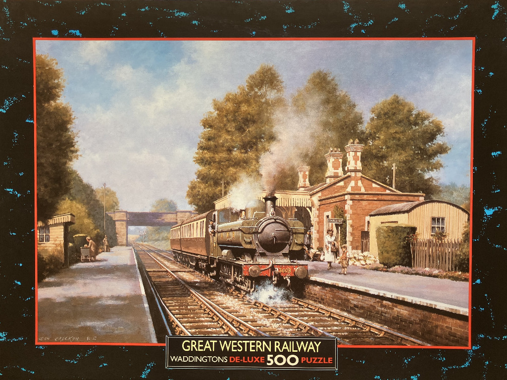 Oil painting of a steam train arriving at a small countryside railway station.