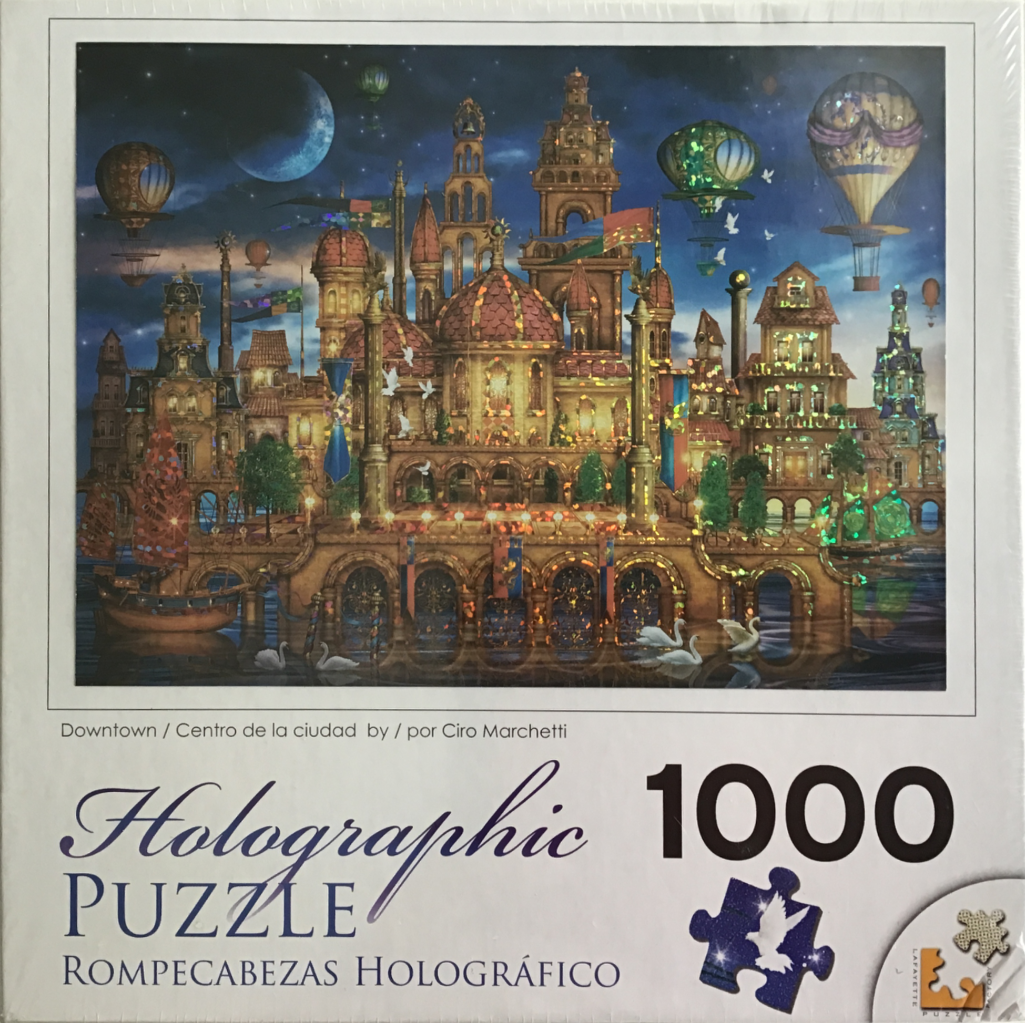 A whimsical fantasy cityscape at night featuring ornate architecture, floating hot air balloons, and swans on water.