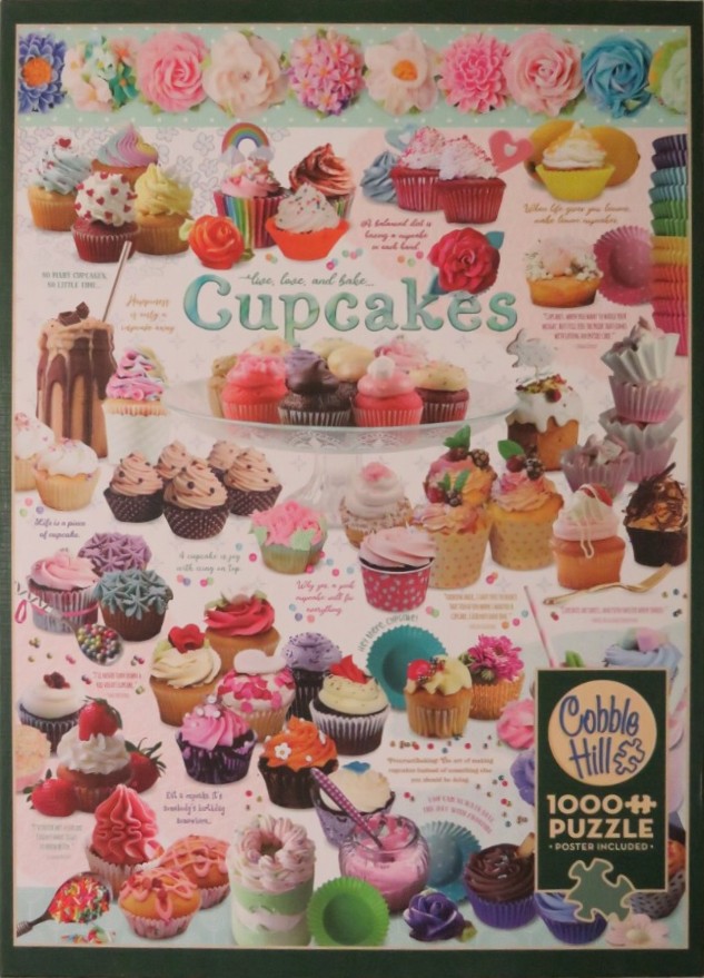 A collage of various colorful decorated cupcakes on a light background with floral accents and text.