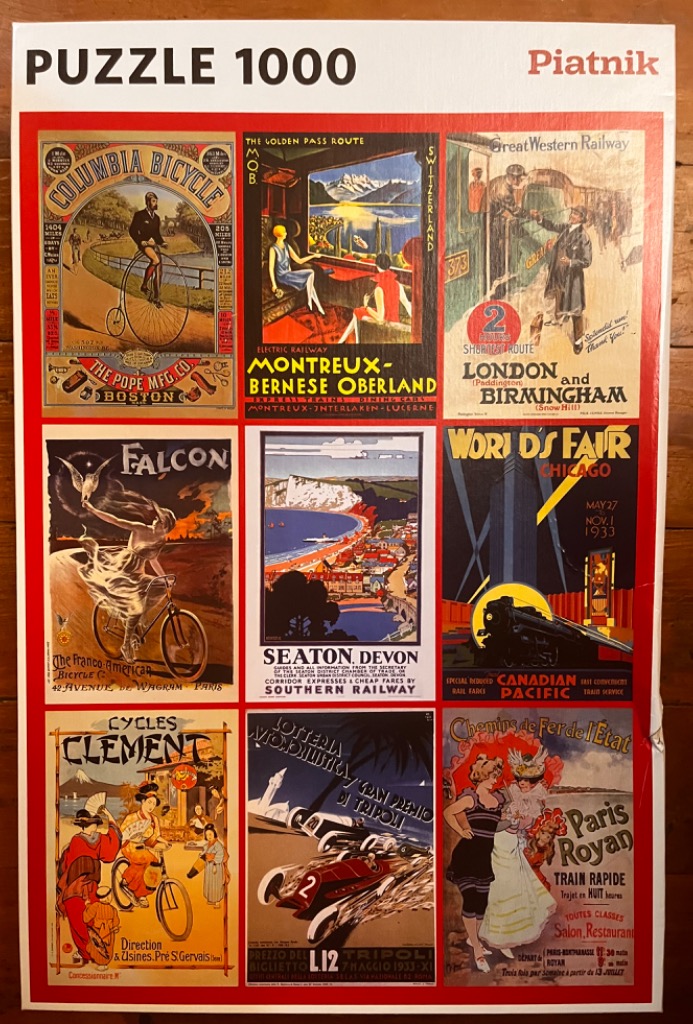 A collage of nine vintage travel and advertising posters arranged in a three-by-three grid on a red background.