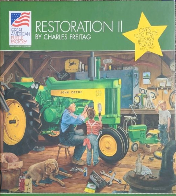 A nostalgic painting of an older man and a young boy repairing a large green antique tractor in a wooden barn.