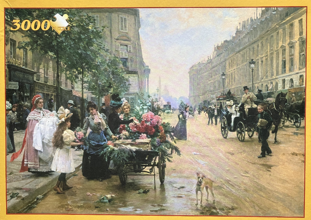 Impressionist painting of a busy Parisian street scene with flower vendors and carriages in the late 19th century