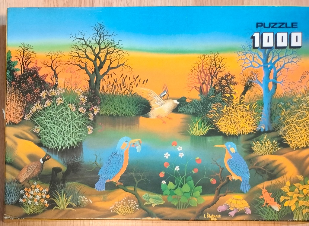 A whimsical painted landscape featuring two kingfishers, a pheasant, a turtle, and a duck by a pond at sunset.