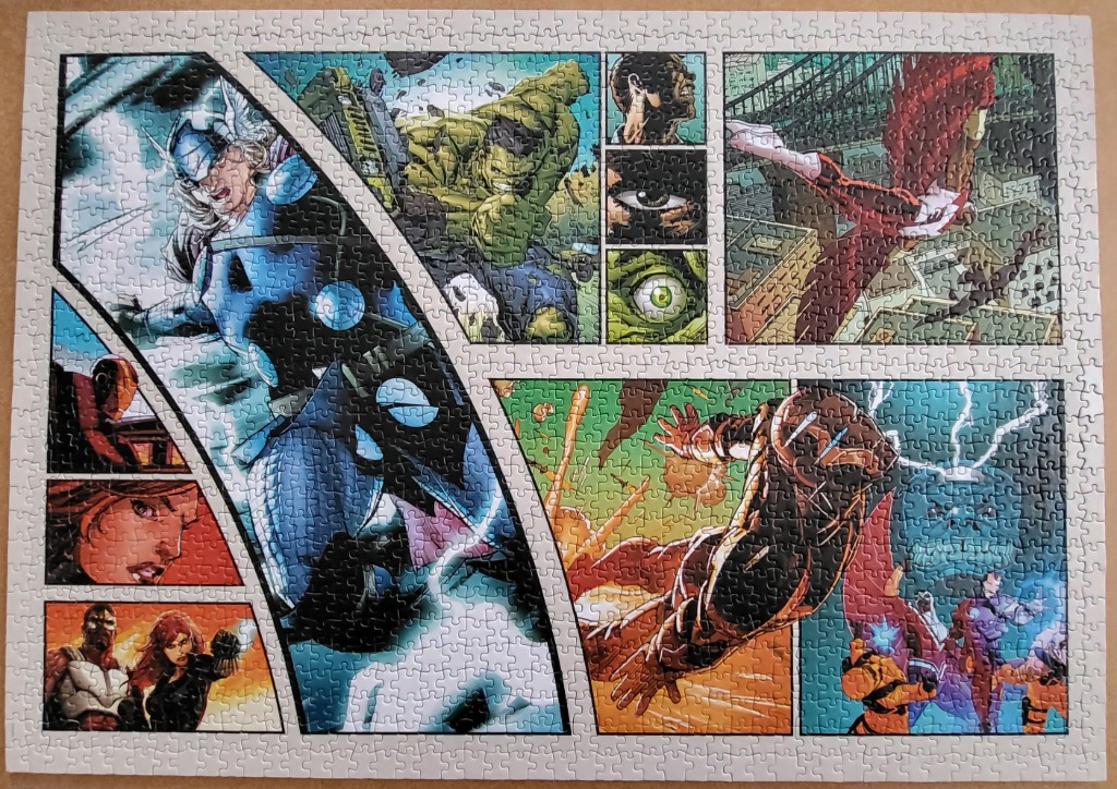 A comic book style montage featuring various superheroes like Thor, Hulk, and Iron Man in action.