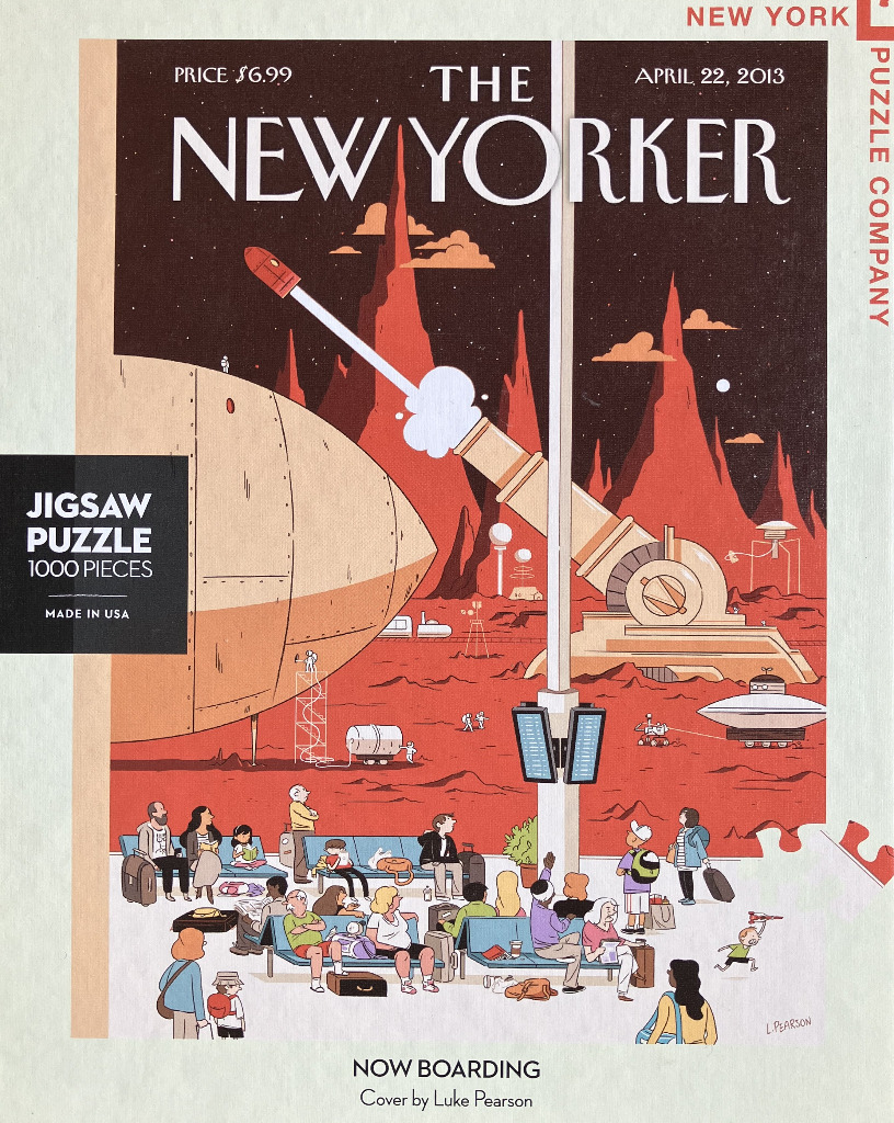 An illustration of an interplanetary airport departure lounge with travelers waiting beneath a rocket launch site.