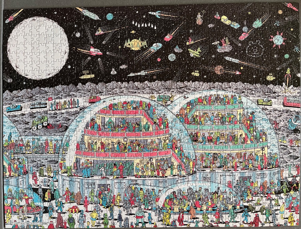 Busy illustration of a lunar colony under glass domes with space travel in the starry sky above.