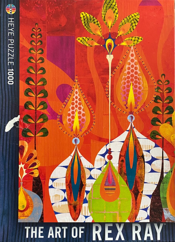Abstract mid-century modern digital collage by Rex Ray featuring stylized organic shapes in warm orange and red tones.