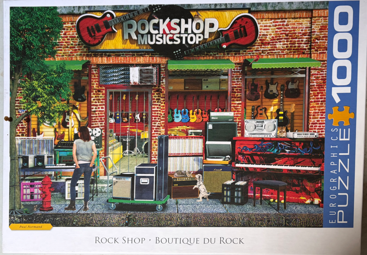 A detailed illustration of a vintage rock music shop with a woman standing in front and guitars lining the windows.