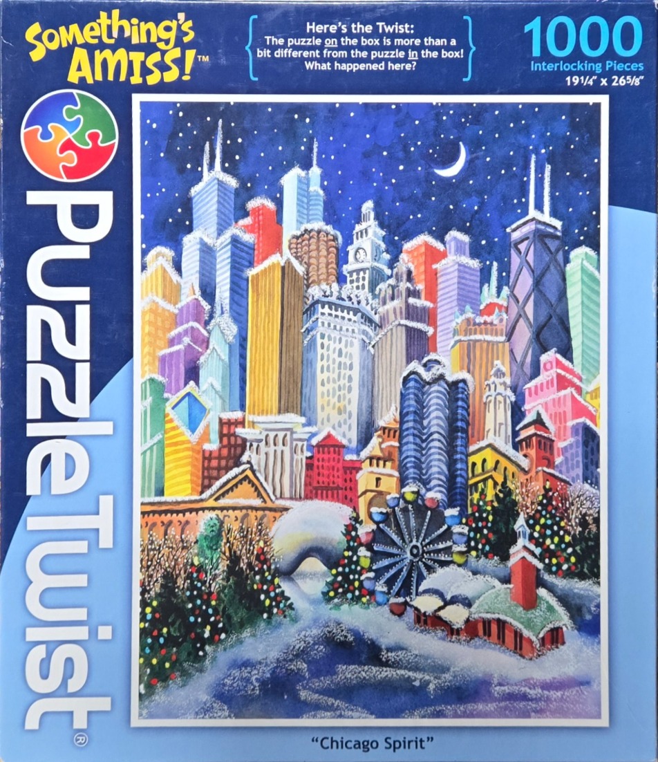 A vibrant, stylized painting of the Chicago skyline at night covered in snow with festive holiday lights.