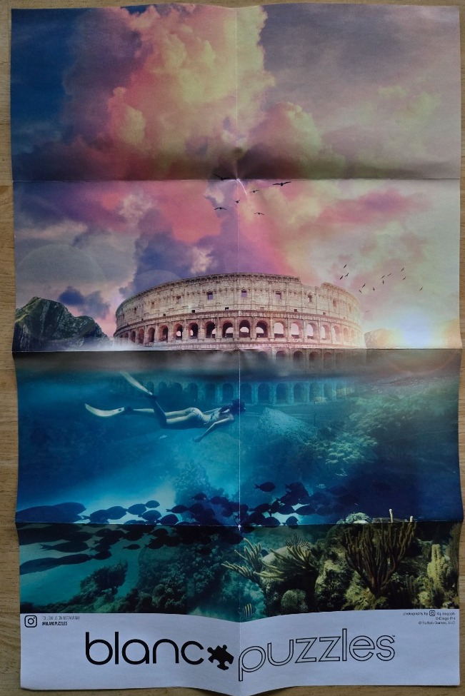 A surreal composite image of the Colosseum above water and a scuba diver swimming among coral reefs below.