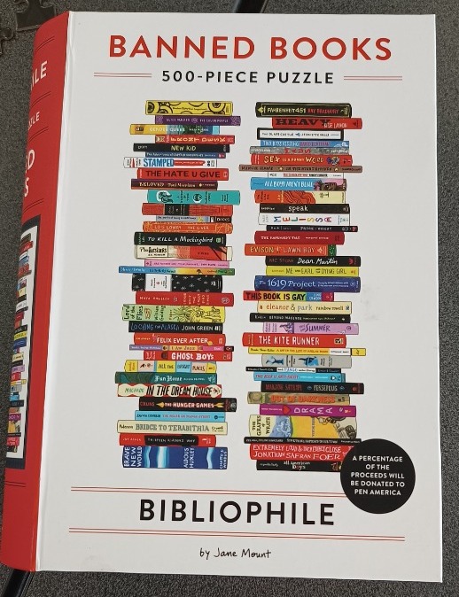 An illustration featuring two vertical stacks of famous books that have faced censorship.