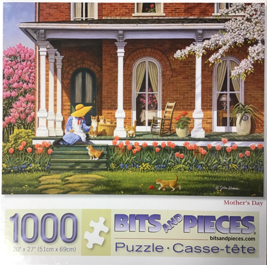 A girl in a sun hat sits on a brick porch with cats in a vibrant spring garden.