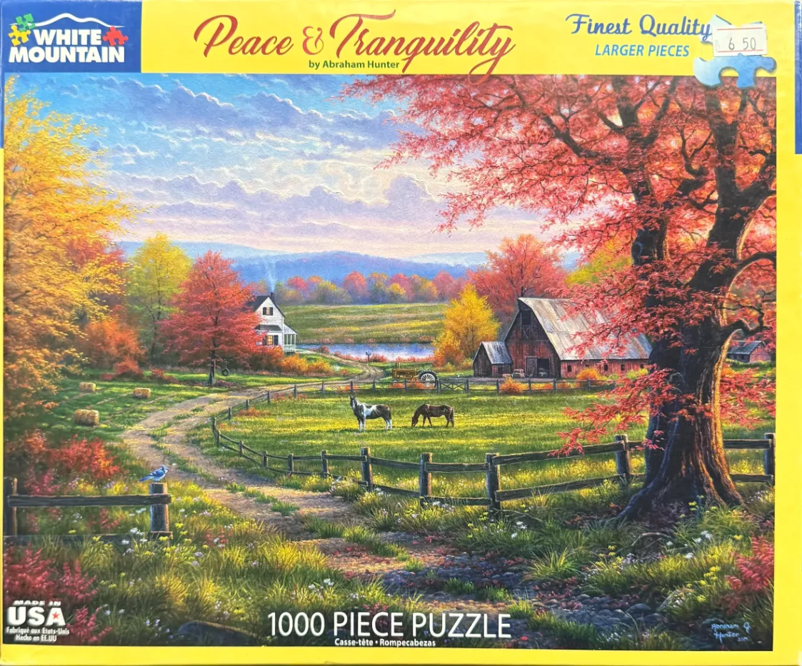 Painting of a peaceful autumn farm scene with a barn, house, and horses in a field.