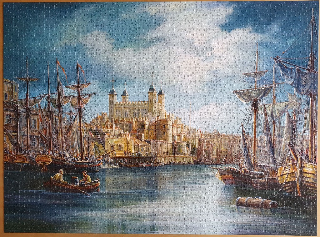 A detailed painting of the Tower of London viewed from the Thames, surrounded by historic tall ships.