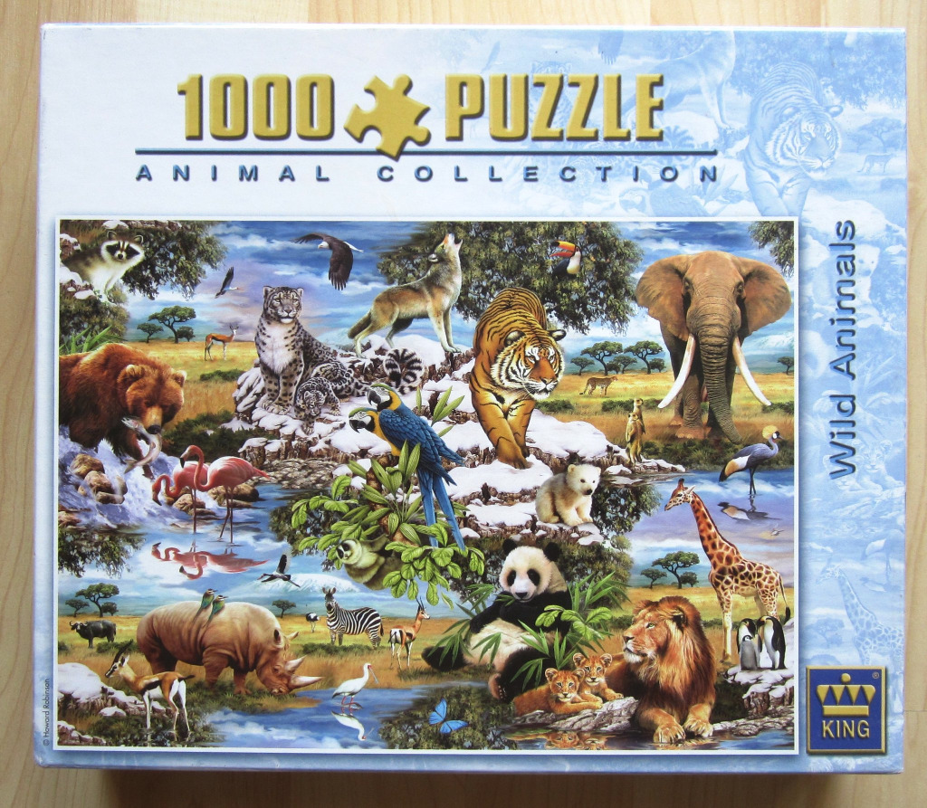 A vibrant collage illustration of numerous diverse wild animals set in a mixed landscape of snow, forest, and savanna.