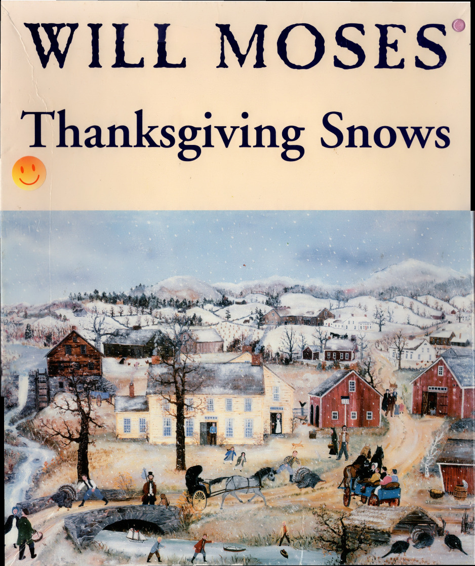 Folk art painting of a rural village landscape covered in snow with people and turkeys, titled Thanksgiving Snows.