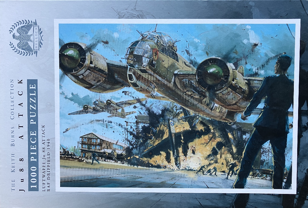 Painting of a Luftwaffe Ju 88 bomber attacking an airfield, seen from behind an officer in the foreground.