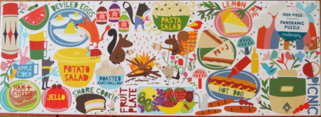 A vibrant panoramic illustration featuring various picnic foods and animals surrounding a central campfire.