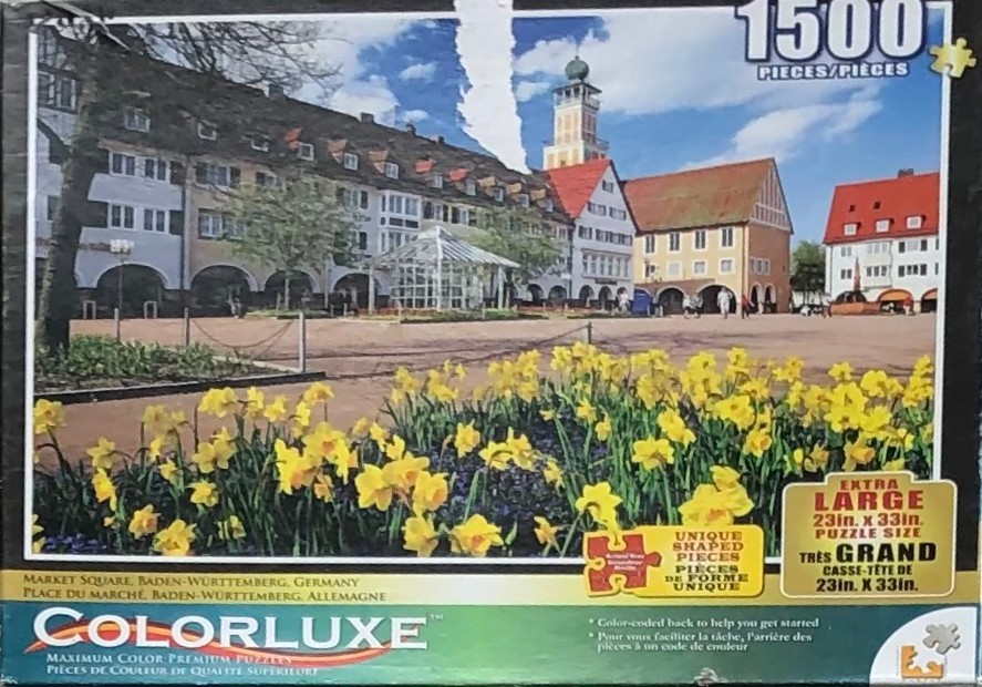 A sunny European market square featuring a field of yellow daffodils in the foreground and historic buildings behind.