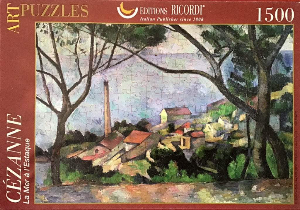 Paul Cézanne’s painting La Mer à l'Estaque featuring a coastal village framed by dark, silhouetted trees.