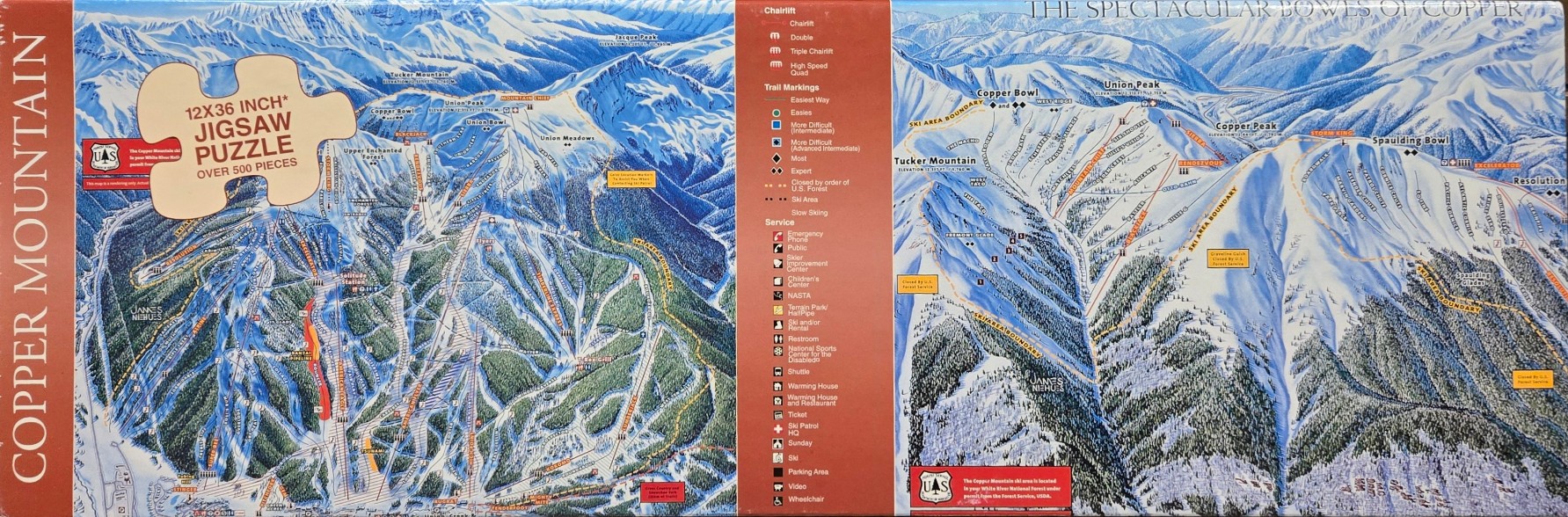 A panoramic trail map of the Copper Mountain ski resort featuring snow-covered peaks, ski runs, and forest areas.