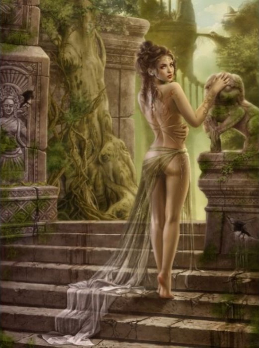 A woman stands on ancient stone steps in an overgrown jungle ruin, touching a weathered stone lion statue.