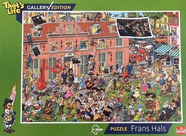 A busy cartoon illustration featuring a Dutch Golden Age building and many people interacting with historical art.