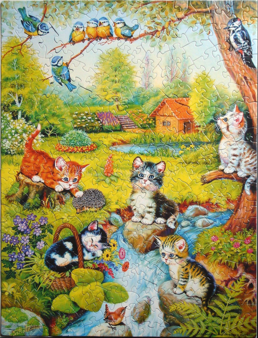 An idyllic garden scene with five kittens, a hedgehog, and various birds surrounding a small stream.