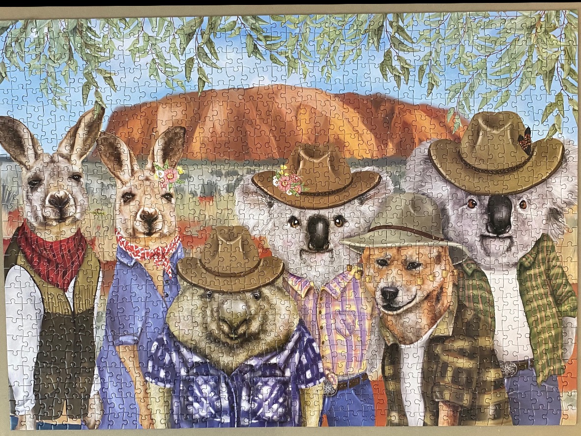 An illustration of Australian animals wearing hats and clothing in front of Uluru.