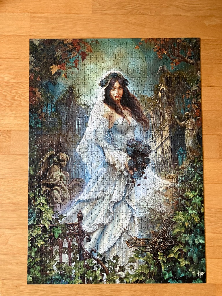 A gothic illustration of a bride standing in a lush, vine-covered garden with stone angel statues.