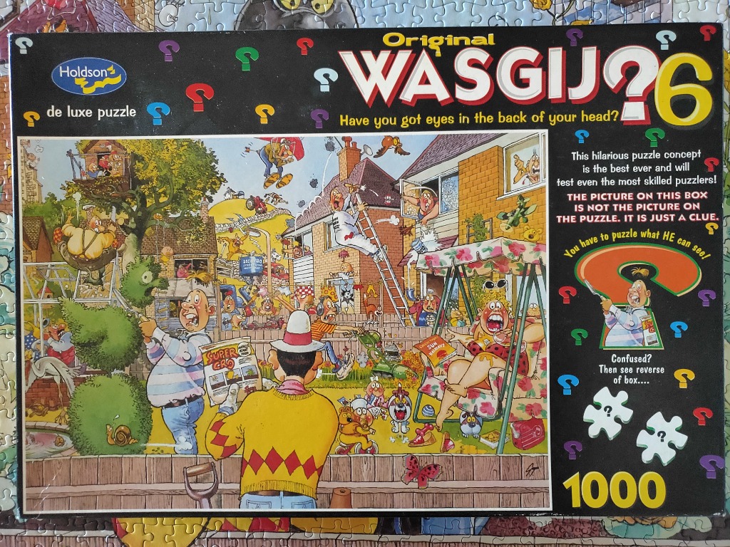 A chaotic, humorous cartoon scene of a suburban backyard filled with eccentric characters and mishaps.