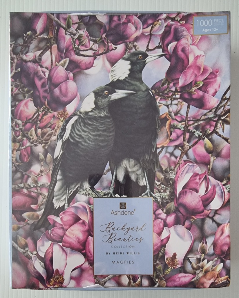 A detailed watercolor painting of two magpies perched amidst a backdrop of vibrant pink magnolia blossoms.