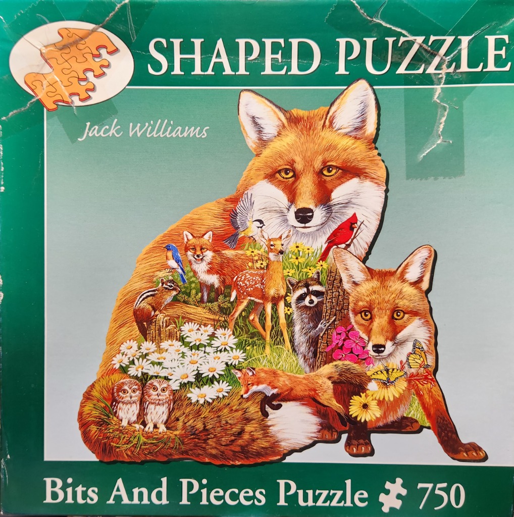 Illustration of two large foxes surrounded by a forest scene with a deer, raccoon, chipmunk, owl, and songbirds.