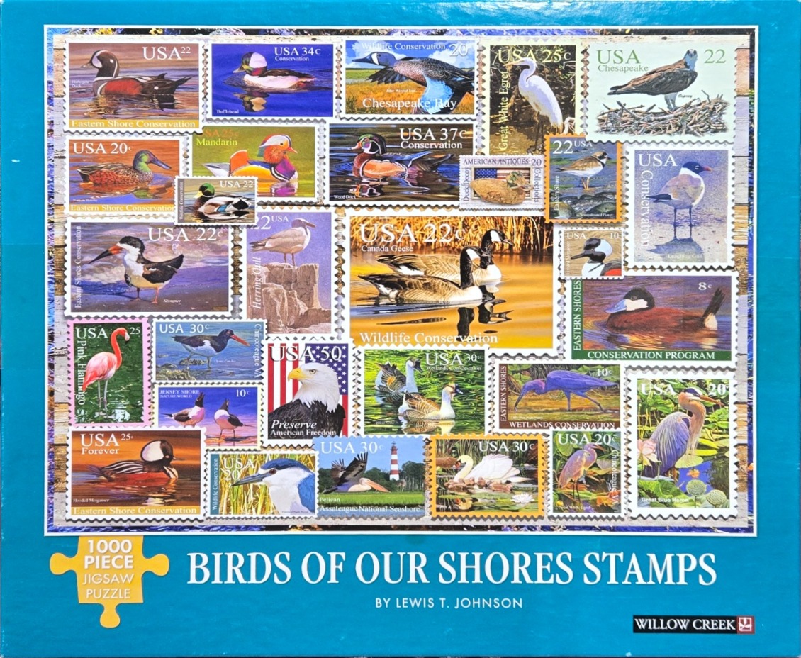A collage of various bird-themed US postage stamps featuring species like herons, ducks, geese, and eagles.