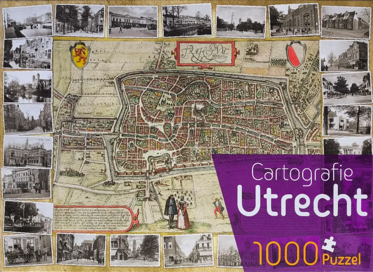 An antique-style historical map of Utrecht surrounded by a border of black-and-white vintage photographs.